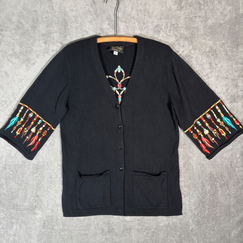 Bob Mackie Wearable Art Black‎ Cardigan Embroidered Feathers Beads L 3/4 Sleeve